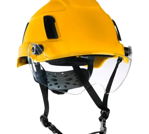 Yellow safety helmet with clear face shield