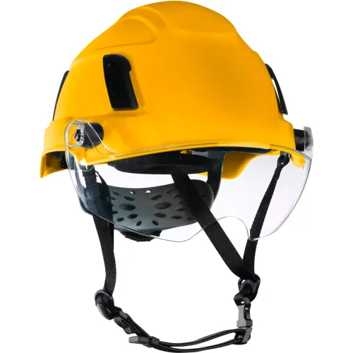 Yellow safety helmet with clear face shield