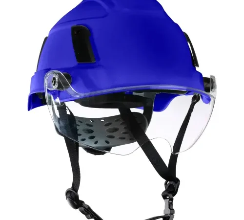 Blue safety helmet with clear face shield