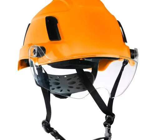 Orange safety helmet with clear visor and straps