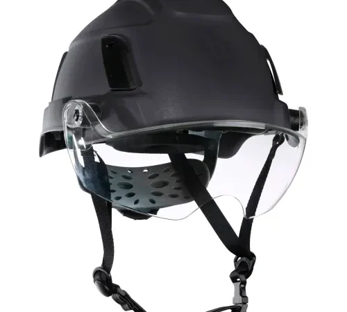 Black industrial safety helmet with clear visor