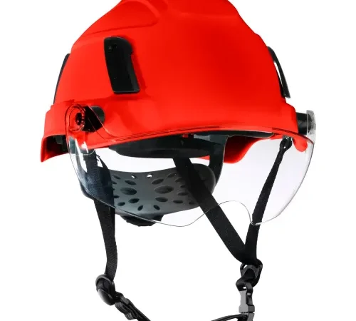 Red industrial safety helmet with face shield