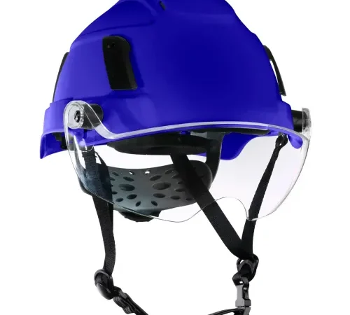 Blue safety helmet with clear face visor