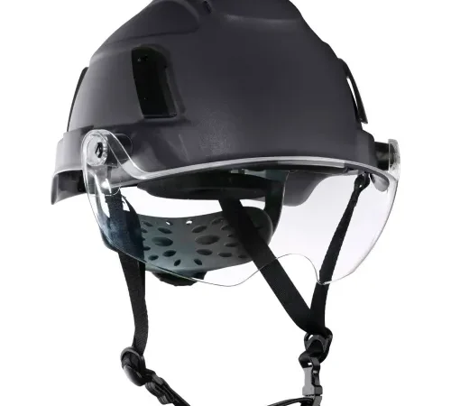 Black safety helmet with clear visor