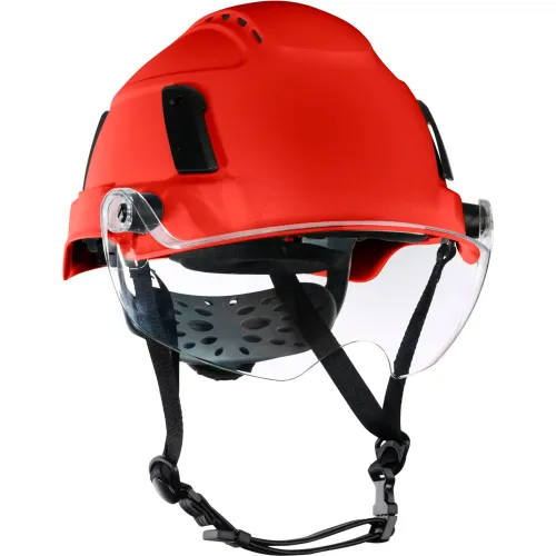 Red safety helmet with clear visor and strap