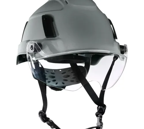 Gray safety helmet with clear face shield