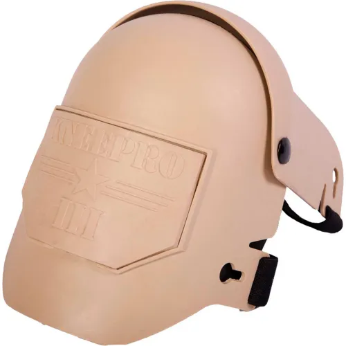 Beige tactical helmet with protective face shield