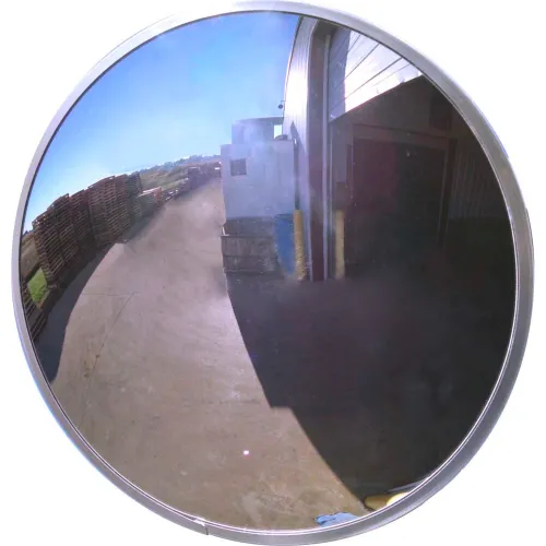 Convex mirror showing warehouse loading dock