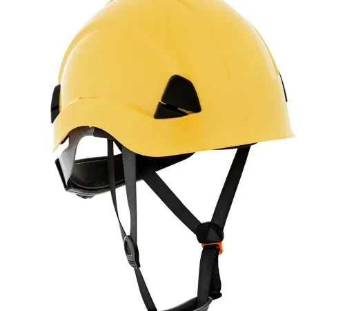 Yellow construction safety helmet with chin strap