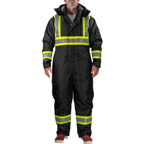 Black insulated coveralls with reflective safety stripes