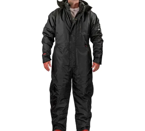 Black insulated hooded coverall on standing model
