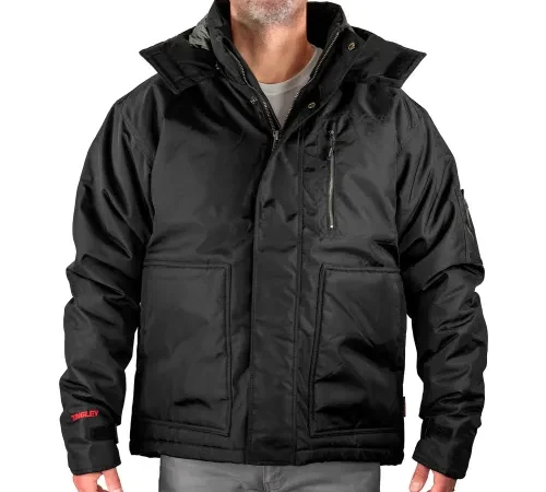 Person wearing black hooded winter jacket
