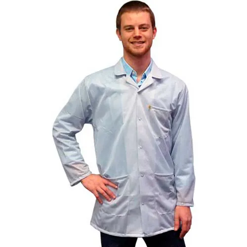 Smiling man wearing light blue lab coat