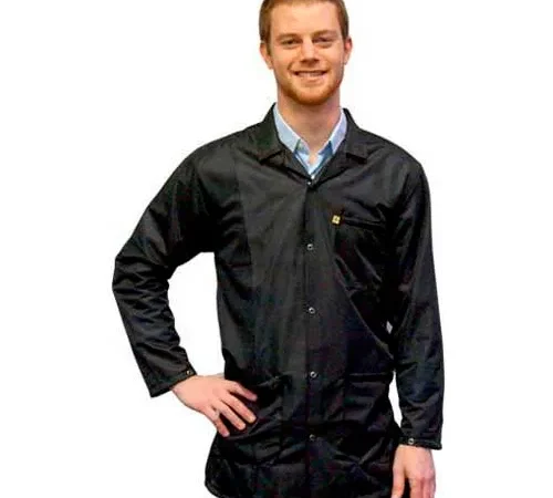 Smiling man wearing black lab coat