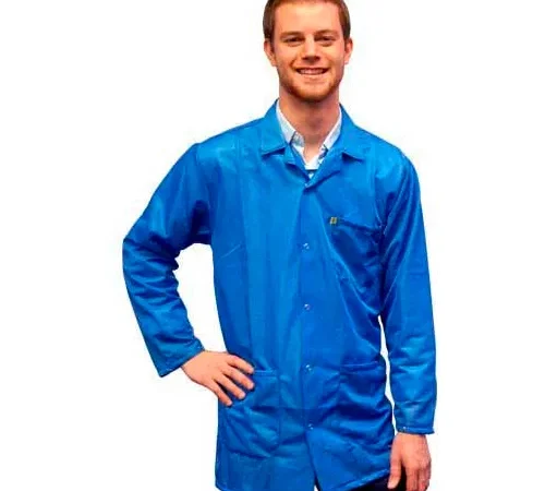 Smiling man in blue lab coat