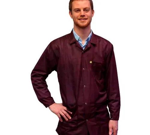Smiling person in burgundy lab coat