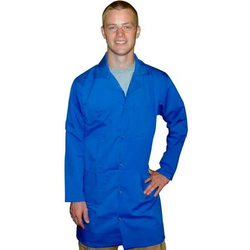 Smiling man wearing blue lab coat
