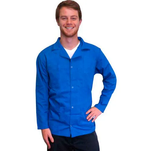 Smiling man wearing blue lab jacket