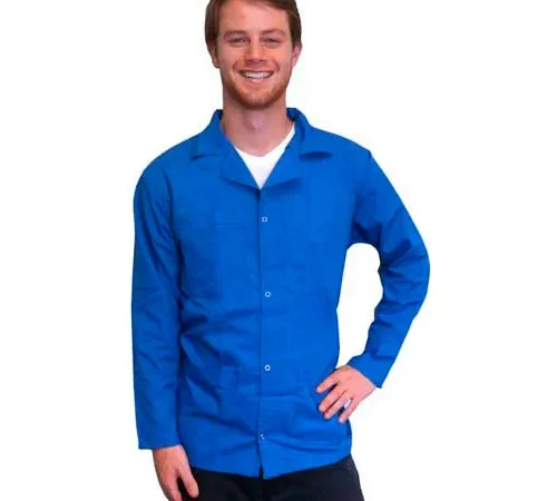 Smiling man wearing blue work jacket