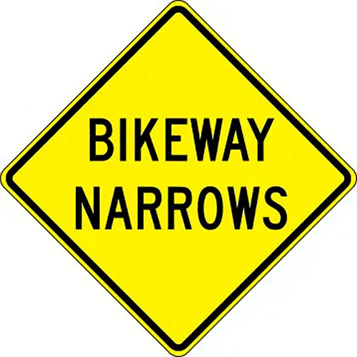 AccuformNMC Bikeway Narrows Traffic Safety Sign, HIP Aluminum, 30" x 30", Black/Yellow