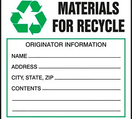 AccuformNMC™ Materials For Recycle Label w/ Sign, Adhesive Coated Paper, 4" x 4", Pack of 25