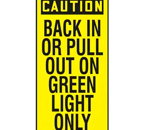 AccuformNMC Caution Back In Or Pull Out On Green Light Only Sign, Aluminum, 24" x 12", Black/Yellow