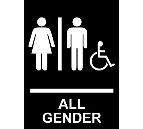 AccuformNMC" ADA Braille Sign, All Gender with 2 Symbols & Wheelchair Access, 6"W x 9"H, Black