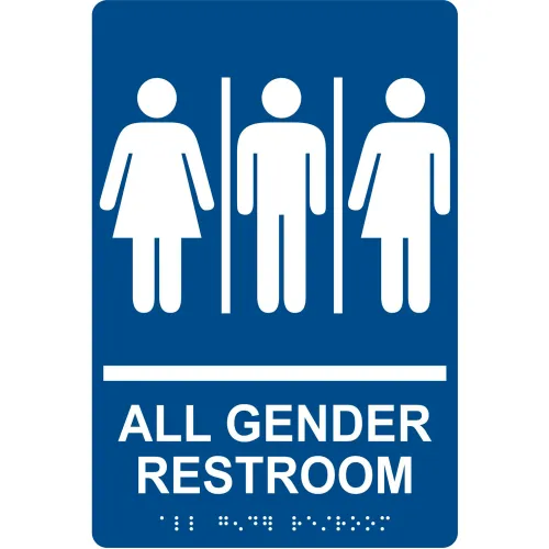 AccuformNMC ADA Braille Sign, All Gender Restroom with 3 Symbols, 6"W x 9"H, Blue