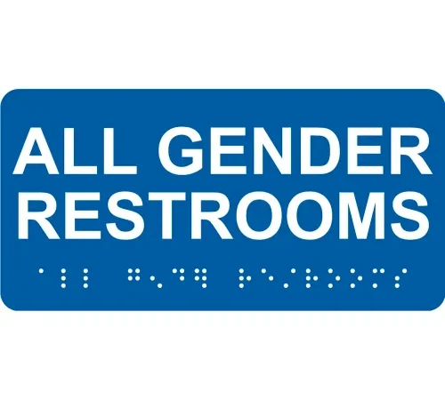AccuformNMC" ADA Braille Sign, All Gender Restrooms, 6"W x 3"H, Blue
