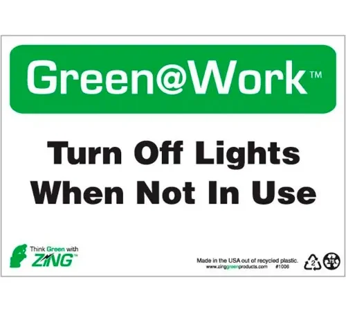 Zing Green at Work Sign, Turn Off Lights When Not In Use, 10"W x 7"H, Black/Green/White