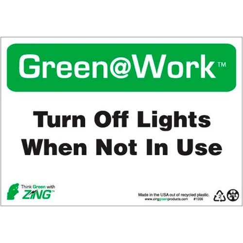 Zing Green at Work Sign, Turn Off Lights When Not In Use, 10"W x 7"H, Black/Green/White