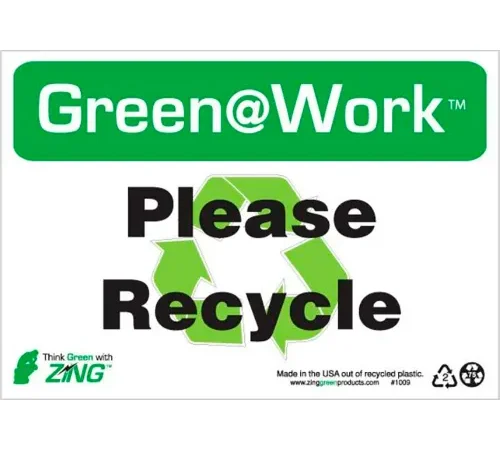 Zing Green at Work Sign, Please Recycle with Recycle Symbol, 10"W x 7"H, Black/Green/White