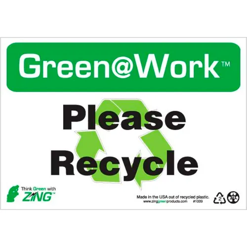 Zing Green at Work Sign, Please Recycle with Recycle Symbol, 10"W x 7"H, Black/Green/White