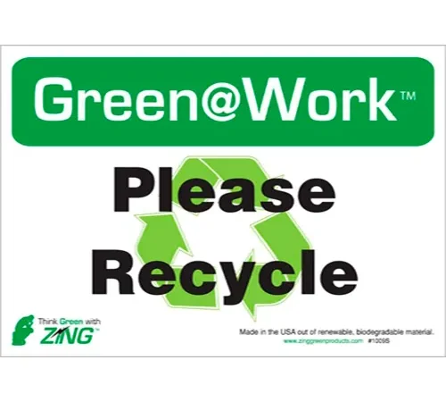Zing Eco Label, Please Recycle, 10"W x 7"H, Recycled Polystyrene Self Adhesive, Pack of 5