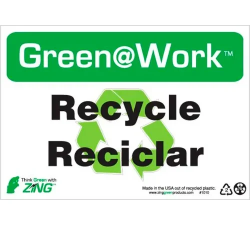 Zing Green at Work Sign, Recycle/Reciclar, 10"W x 7"H, Black/Green/White