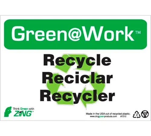 Zing Green at Work Sign, Recycle/Reciclar/Recycler, 10"W x 7"H, Black/Green/White
