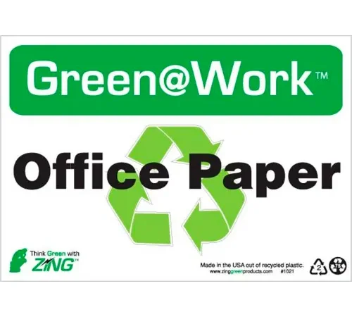 Zing Green at Work Sign, Office Paper with Recycle Symbol, 10"W x 7"H, Black/Green/White