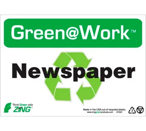 Zing Green at Work Sign, Newspaper with Recycle Symbol, 10"W x 7"H, Black/Green/White