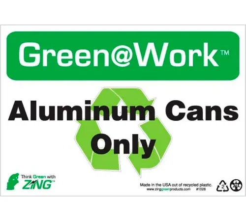Zing Green at Work Sign, Aluminum Cans Only with Recycle Symbol, 10"W x 7"H, Black/Green/White