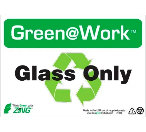 Zing Green at Work Sign, Glass Only with Recycle Symbol, 10"W x 7"H, Black/Green/White