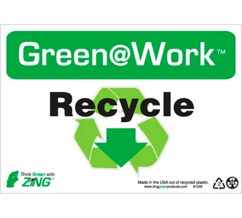 Zing Green at Work Sign, Recycle with Recycle Symbol & Down Arrow, 10"W x 7"H, Black/Green/White