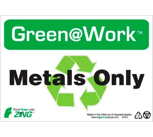 Zing Green at Work Sign, Metals Only with Recycle Symbol, 10"W x 7"H, Black/Green/White