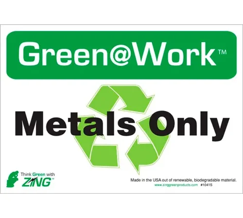 Zing Eco Label, Recycle Metals Only, 10"W x 7"H, Recycled Polystyrene Self Adhesive, Pack of 5