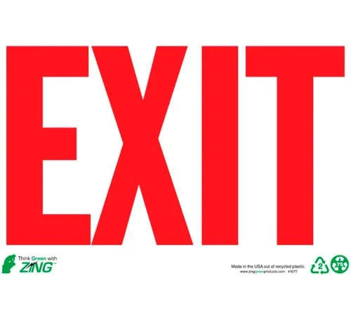 Zing Eco Safety Sign, Exit, Red on White, 10"W x 7"H, Recycled Plastic