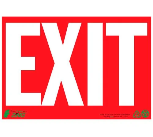 Zing Eco Safety Sign, Exit, White on Red, 10"W x 7"H, Recycled Plastic