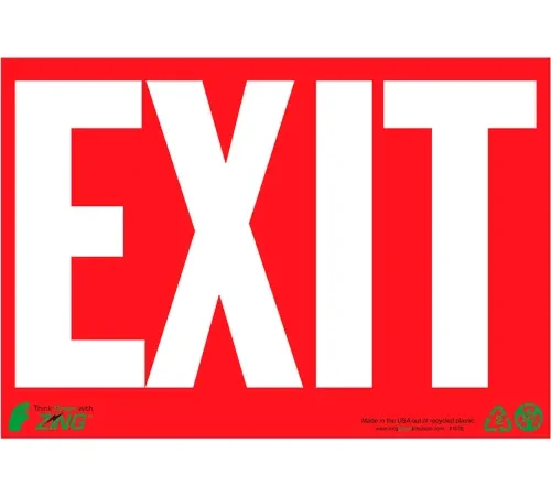 Zing Eco Safety Sign, Exit, White on Red, 10"W x 7"H, Recycled Plastic, Glow In Dark