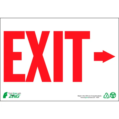 Zing Eco Safety Sign, Exit with Right Arrow, 10"W x 7"H, Recycled Plastic, Glow In Dark
