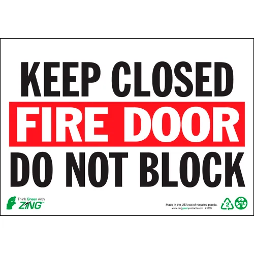 Zing Eco Safety Sign, Keep Fire Door Closed, 10"W x 7"H, Recycled Aluminum
