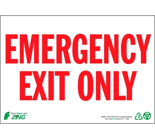 Zing Eco Safety Sign, Emergency Exit Only, 10"W x 7"H, Recycled Polystyrene Self Adhesive