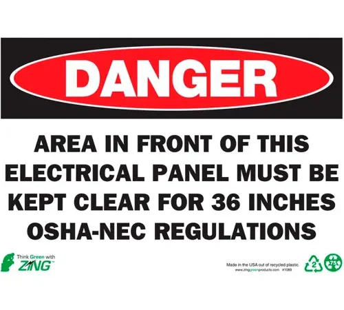 Zing Eco Safety Sign, Danger Electrical Panel, 10"W x 7"H, Recycled Plastic